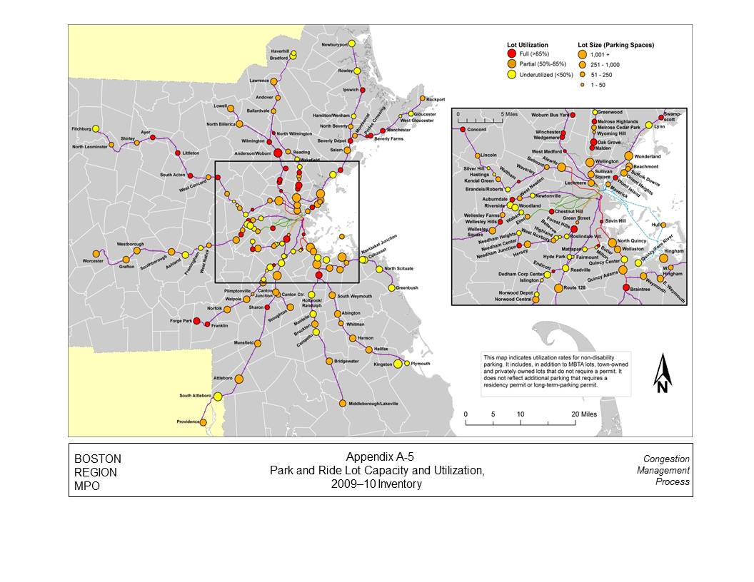 This figure displays the park-and-ride capacity and utilization for 2009–10. The capacity and utilization rates for each station are indicated by a single circle, which has two definitions based on size and color. Lots that are full (over 85% utilized) are indicated in red, lots that are partially full (50%-85%) are indicated in orange, and lots that are underutilized (less than 50%) are indicated in yellow. The lot size is indicated by a large circle (1001+ parking spaces), a medium circle (251-1000 parking spaces), a small circle (51-250 parking spaces), or a very small circle (1-50 parking spaces). There is an inset map that shows the inner Boston region.